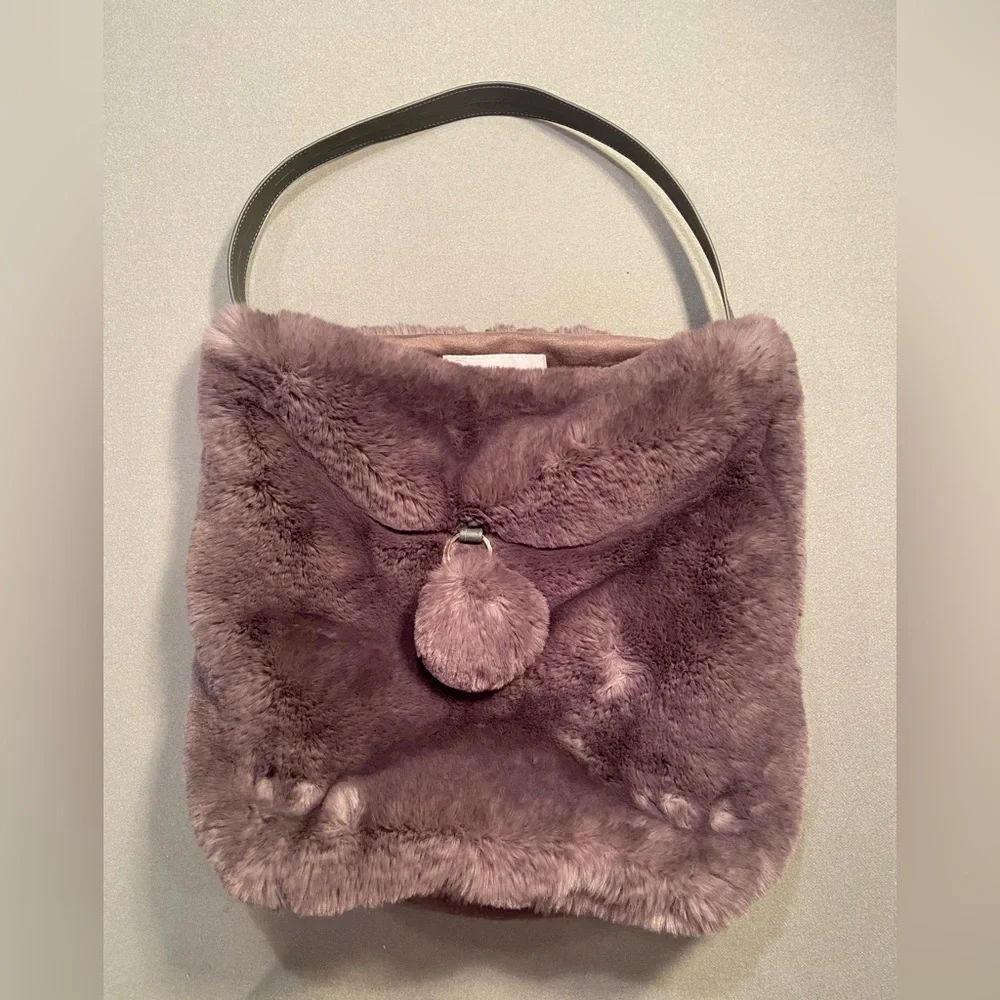 Evelyne Prelonge‎ Faux Fur Shoulder Bag with Pom Pom and Leather Strap Handle